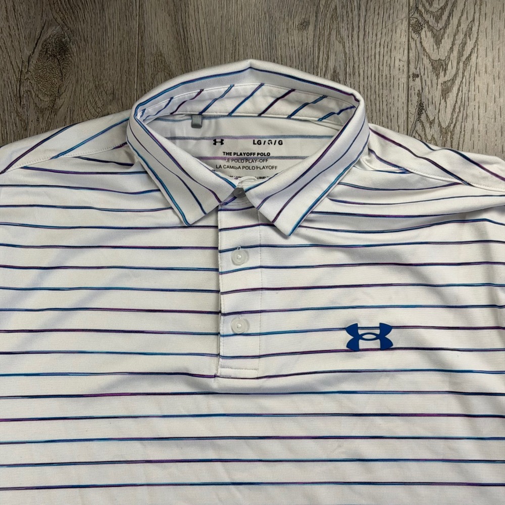 Under Armour Mens Playoff Polo Shirt White Striped Short Sleeve Large 3936